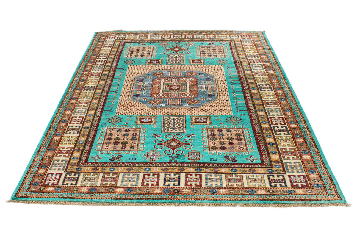 6x8 Turquoise and Multicolor Turkish Tribal Rug
