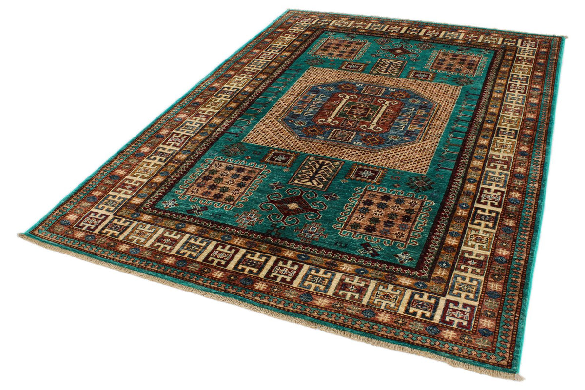 6x8 Turquoise and Multicolor Turkish Tribal Rug