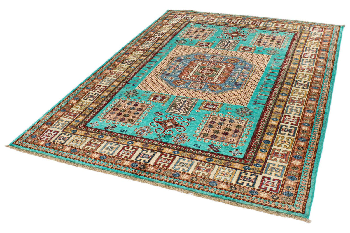 6x8 Turquoise and Multicolor Turkish Tribal Rug