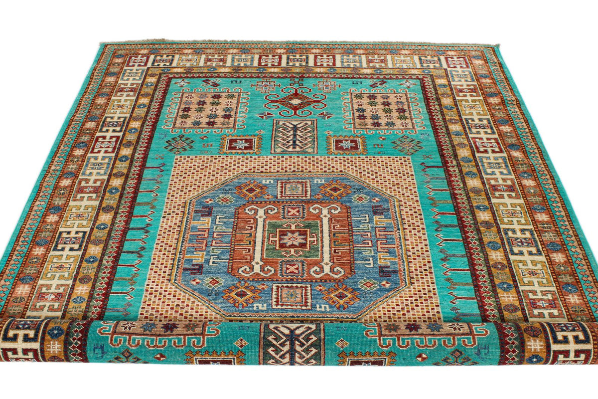 6x8 Turquoise and Multicolor Turkish Tribal Rug