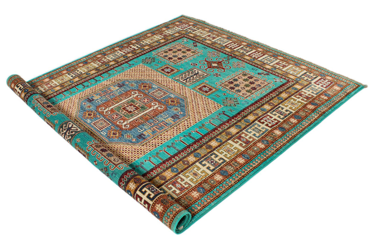 6x8 Turquoise and Multicolor Turkish Tribal Rug