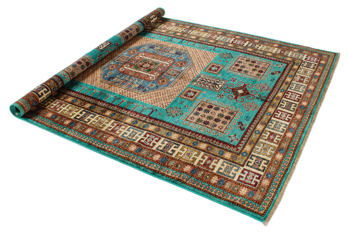 6x8 Turquoise and Multicolor Turkish Tribal Rug