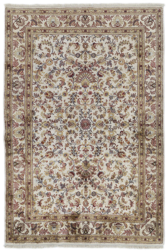 4x6 Ivory and Multicolor Turkish Silk Rug