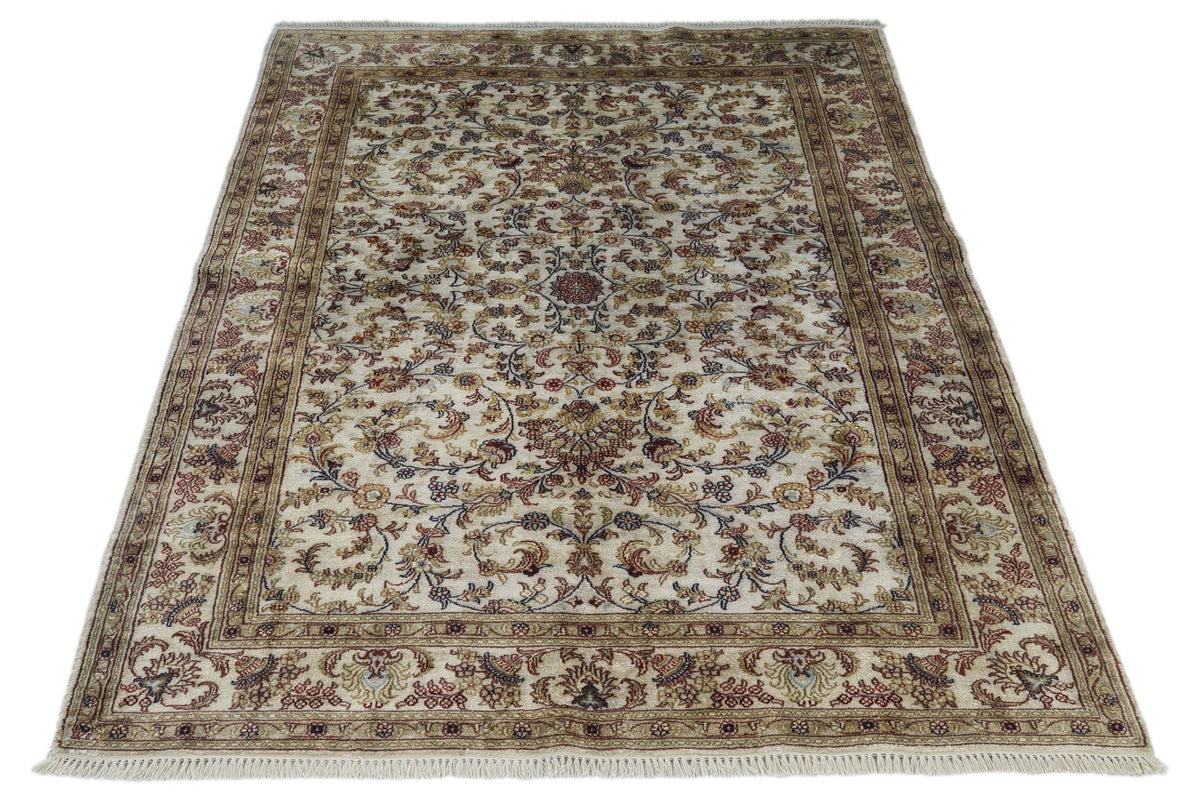 4x6 Ivory and Multicolor Turkish Silk Rug
