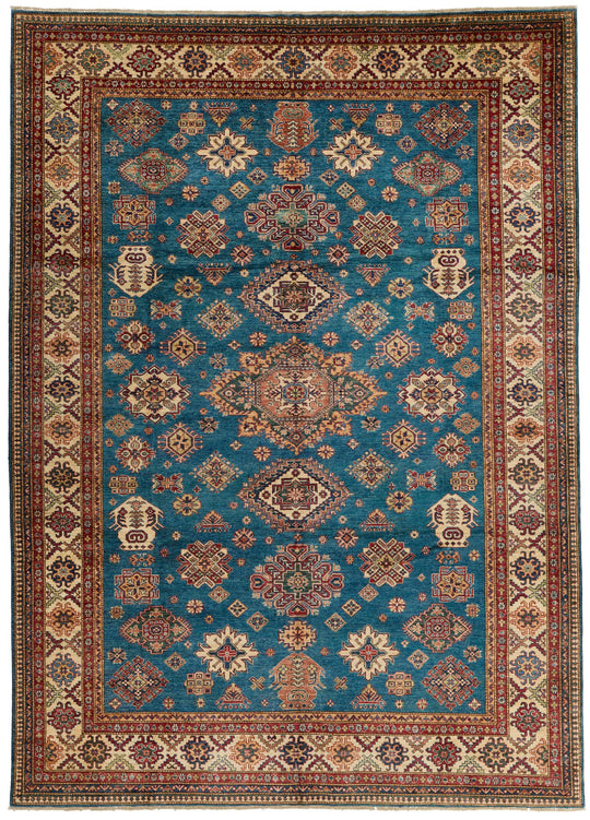 9x12 Light Blue and Ivory Kazak Tribal Rug