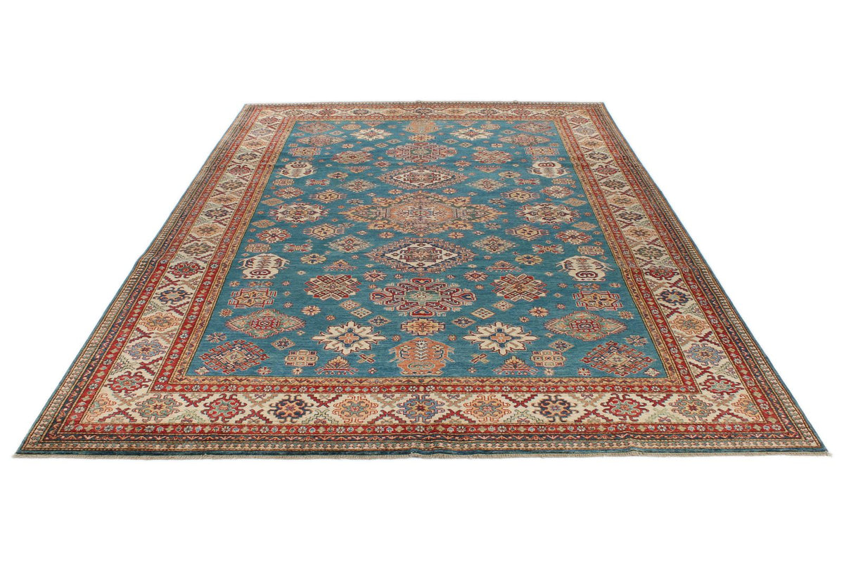 9x12 Light Blue and Ivory Kazak Tribal Rug