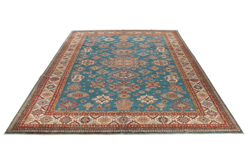 9x12 Light Blue and Ivory Kazak Tribal Rug
