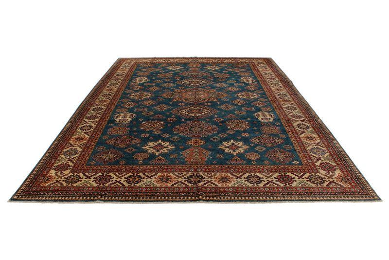9x12 Light Blue and Ivory Kazak Tribal Rug