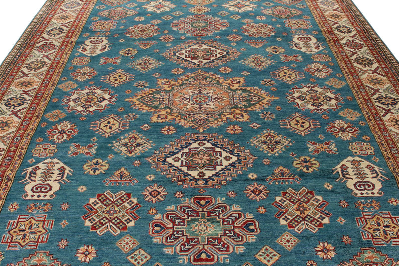 9x12 Light Blue and Ivory Kazak Tribal Rug