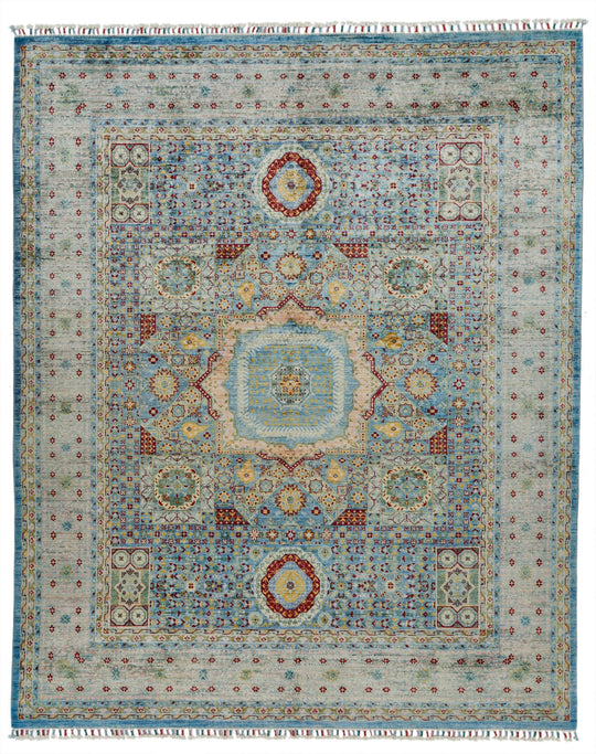 7x10 Blue and Multicolor Turkish Tribal Rug
