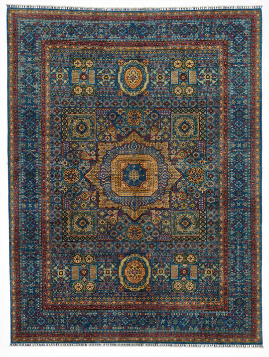 7x9 Blue and Multicolor Turkish Tribal Rug