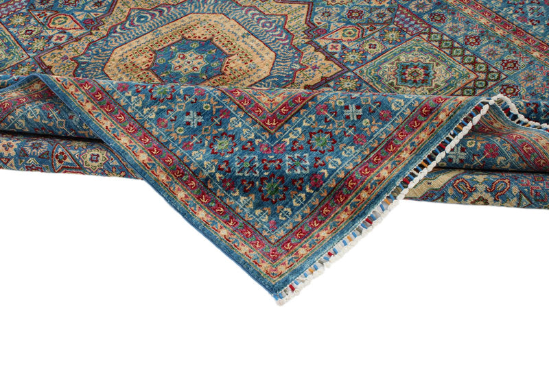 7x9 Blue and Multicolor Turkish Tribal Rug