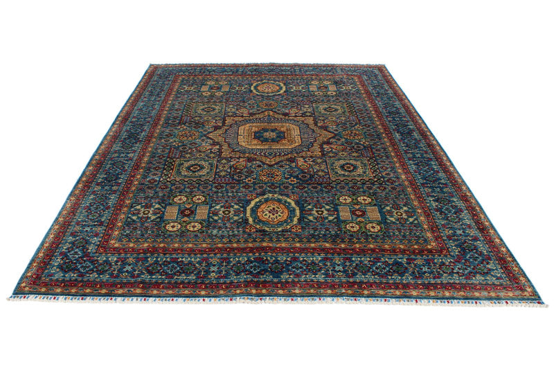 7x9 Blue and Multicolor Turkish Tribal Rug