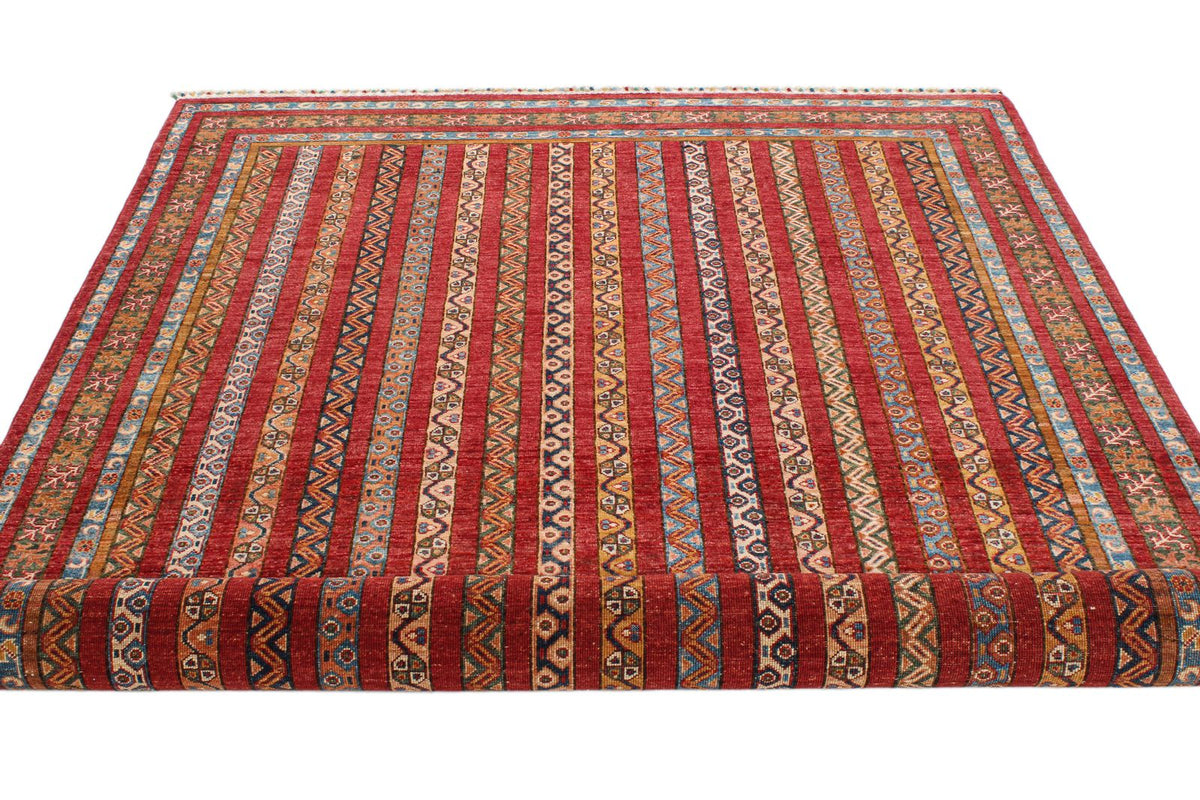 6x8 Multicolor and Red Turkish Tribal Rug
