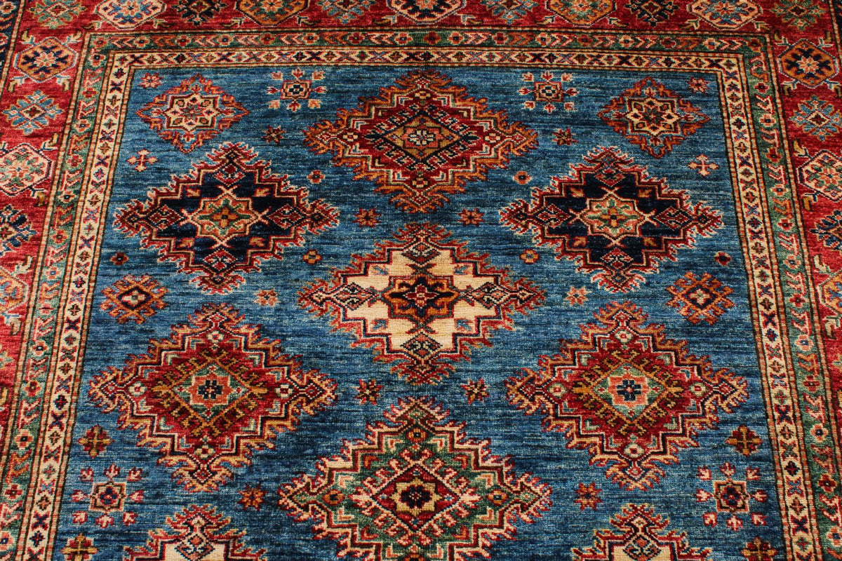 6x8 Blue and Red Kazak Tribal Rug