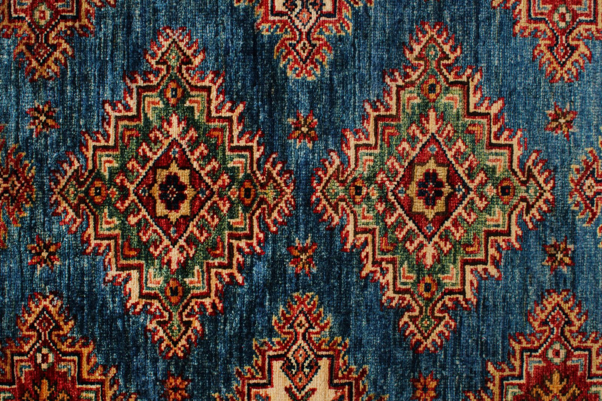 6x8 Blue and Red Kazak Tribal Rug