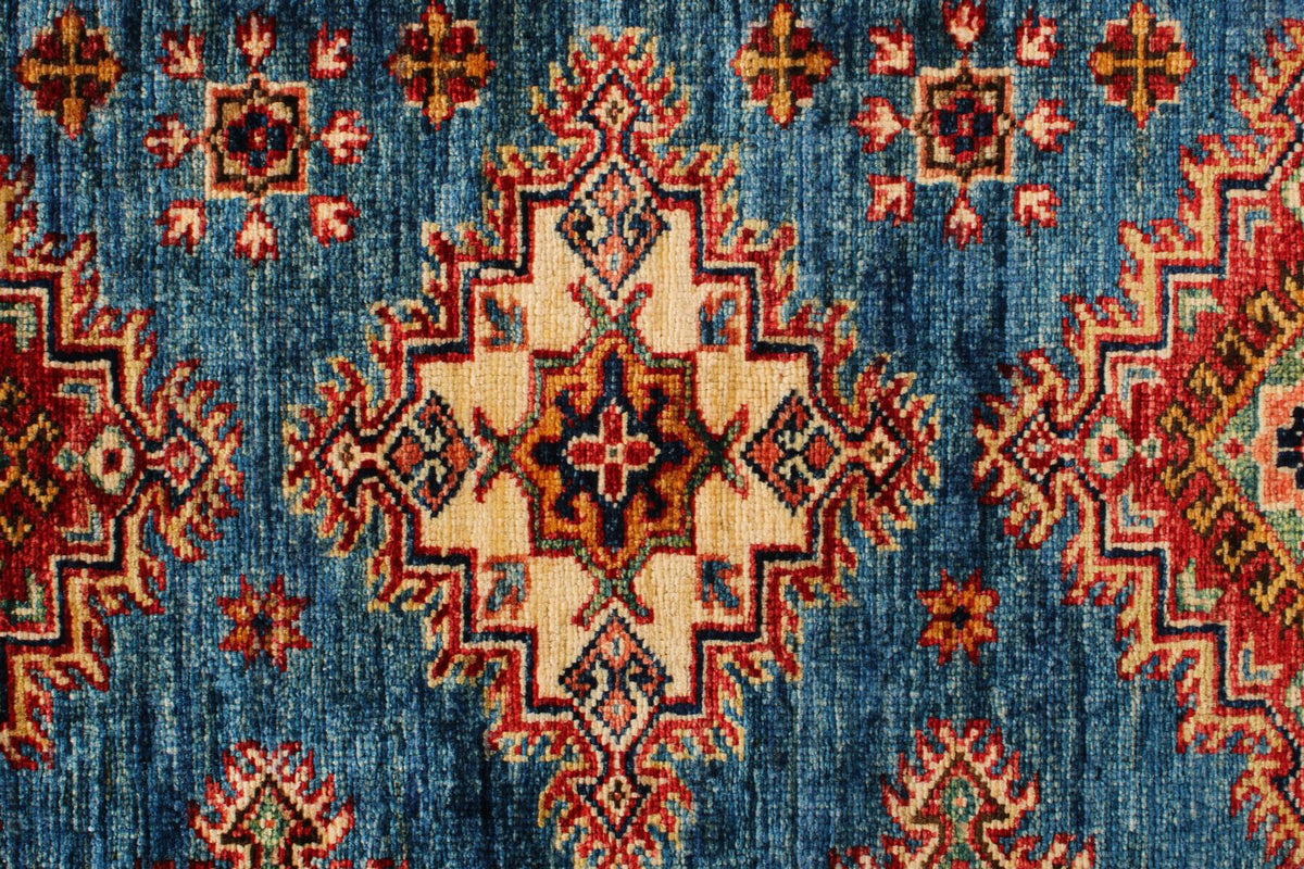 6x8 Blue and Red Kazak Tribal Rug