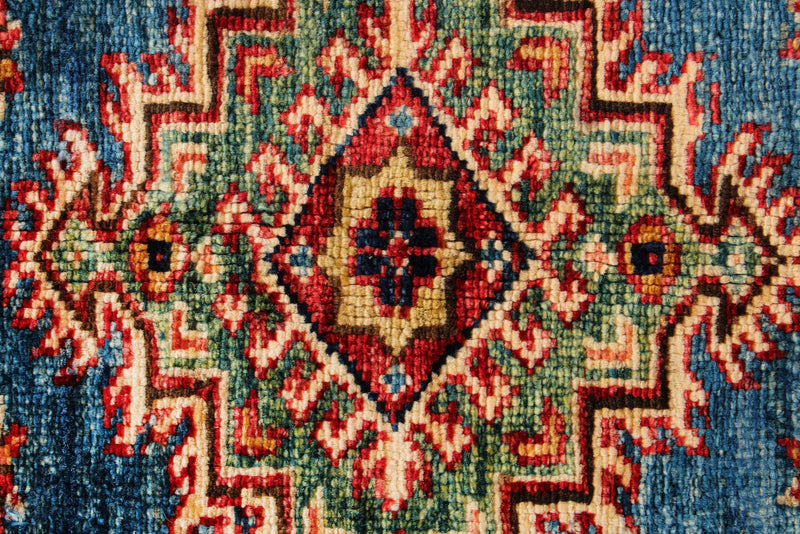 6x8 Blue and Red Kazak Tribal Rug