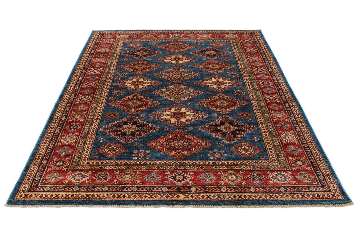 6x8 Blue and Red Kazak Tribal Rug