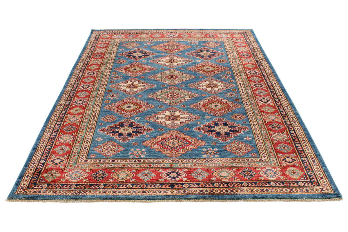 6x8 Blue and Red Kazak Tribal Rug