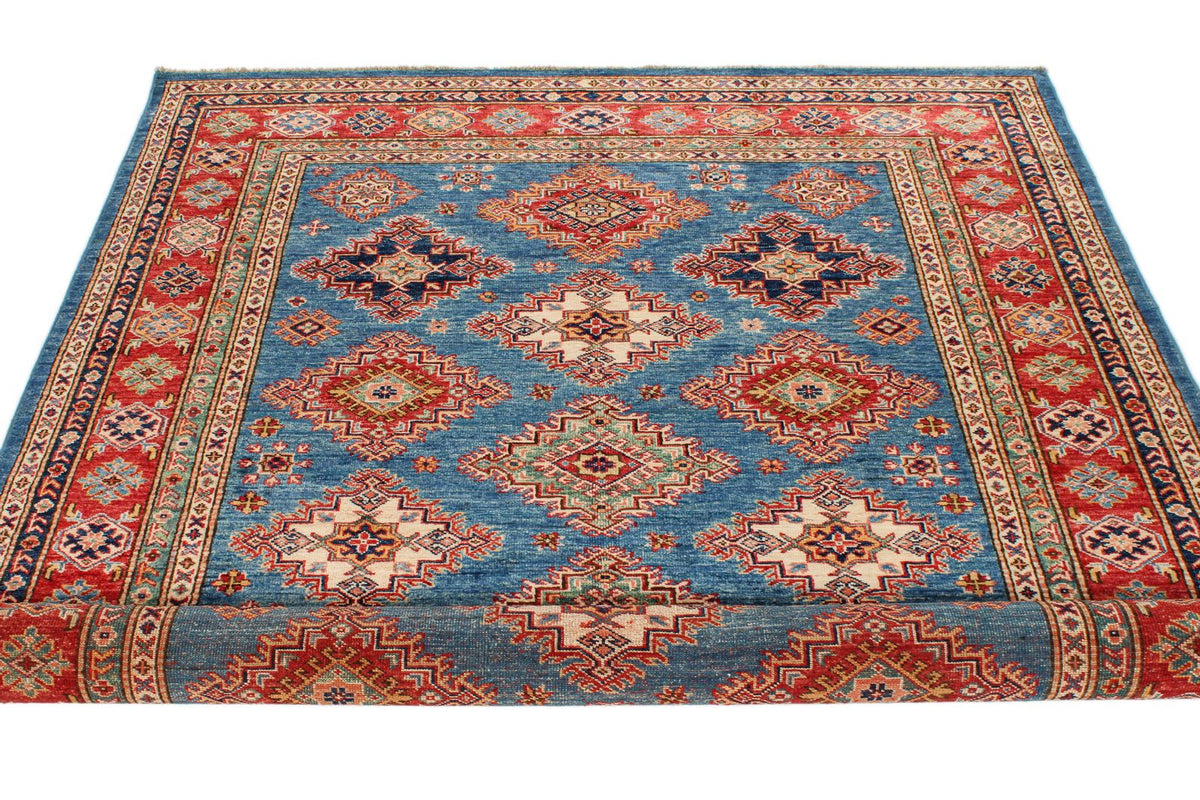 6x8 Blue and Red Kazak Tribal Rug