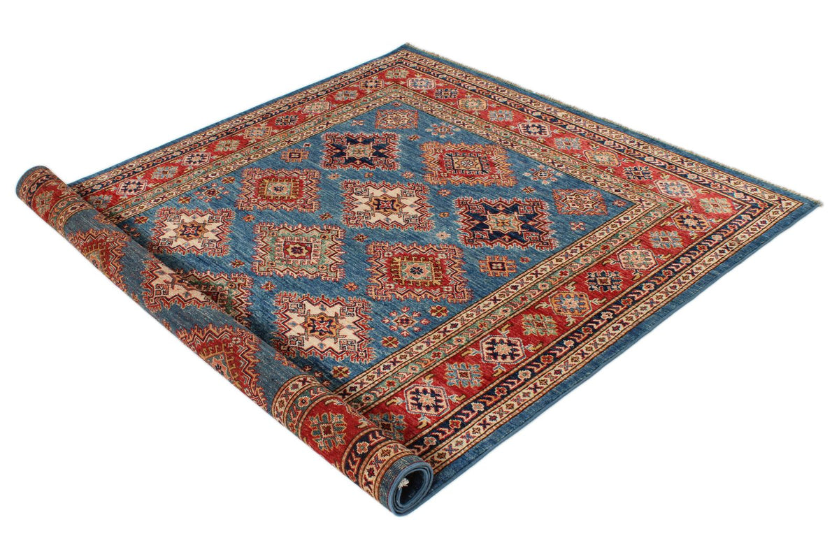 6x8 Blue and Red Kazak Tribal Rug