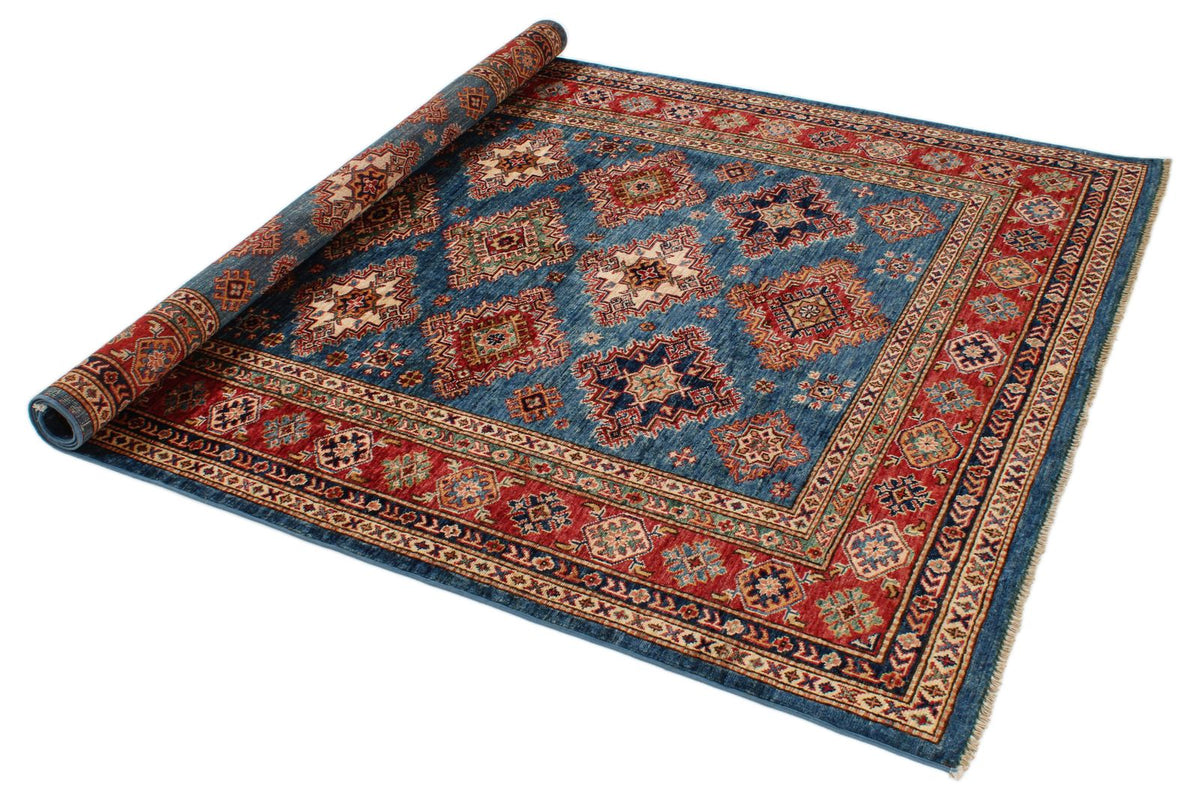 6x8 Blue and Red Kazak Tribal Rug