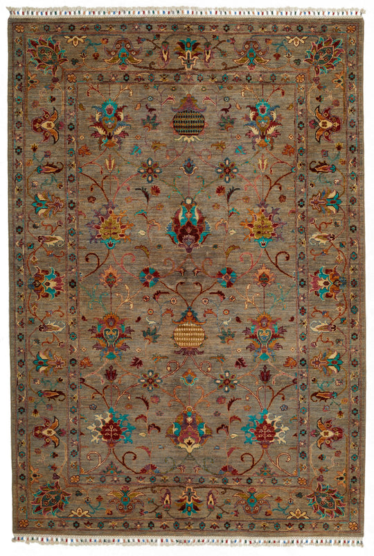 6x8 Gray and Multicolor Turkish Tribal Rug