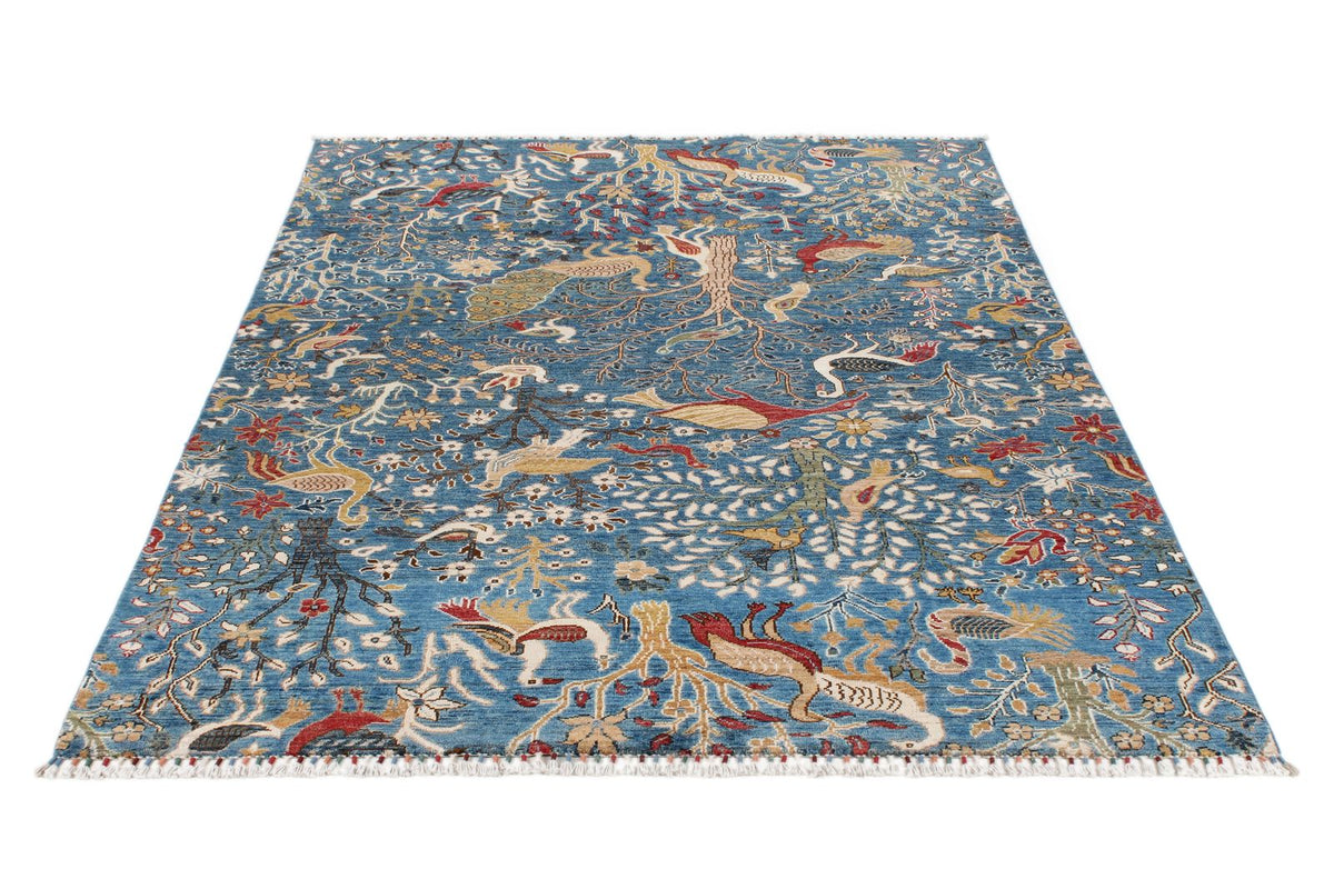 5x8 Light Blue and Multicolor Turkish Tribal Rug
