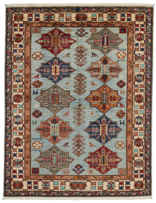 5x6 Blue and Ivory Kazak Tribal Rug