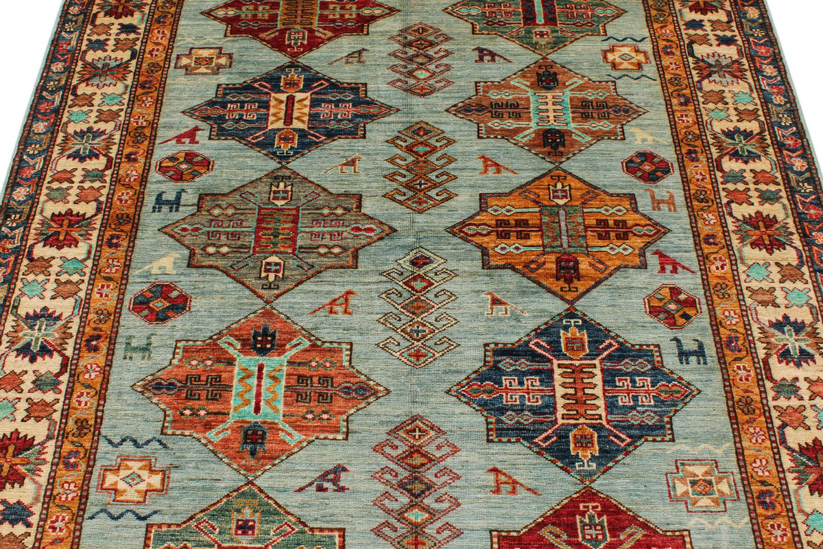 5x6 Blue and Ivory Kazak Tribal Rug