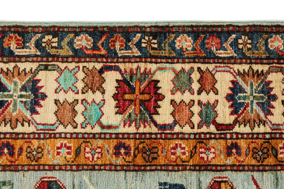 5x6 Blue and Ivory Kazak Tribal Rug