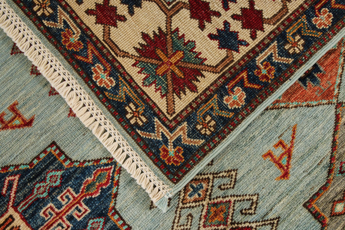 5x6 Blue and Ivory Kazak Tribal Rug