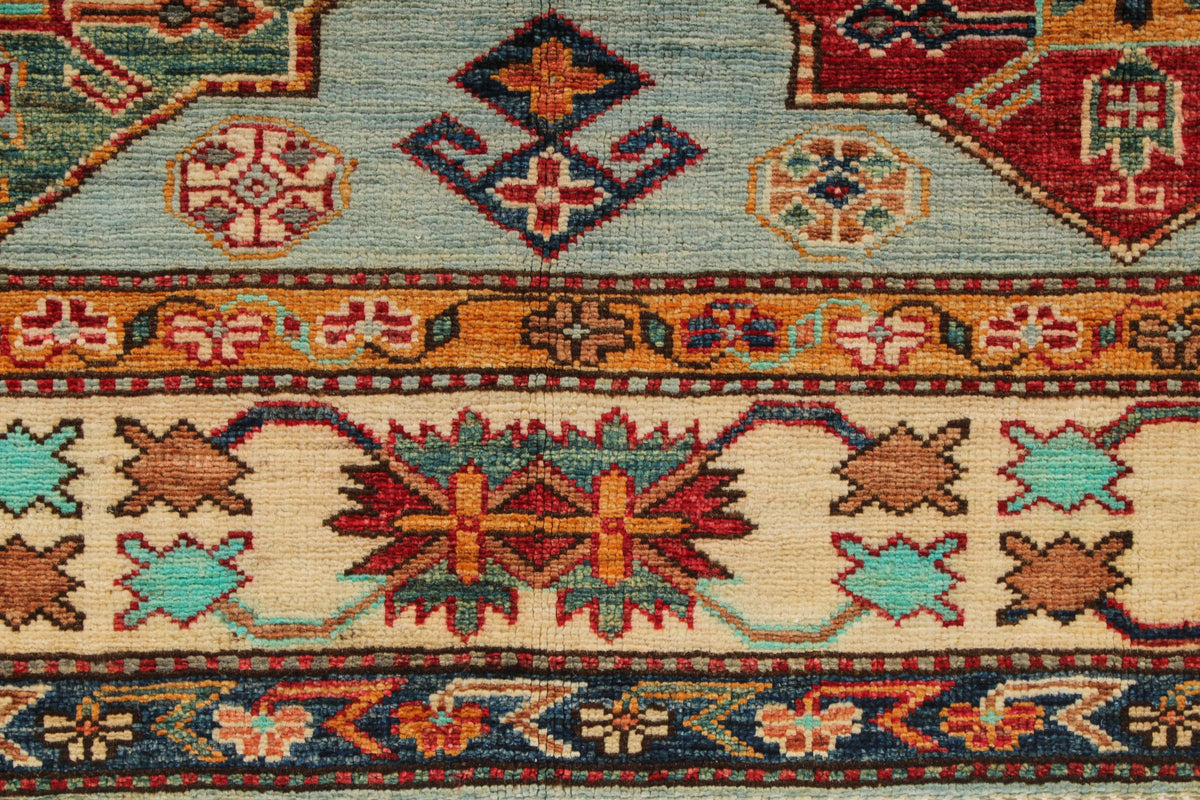 5x6 Blue and Ivory Kazak Tribal Rug