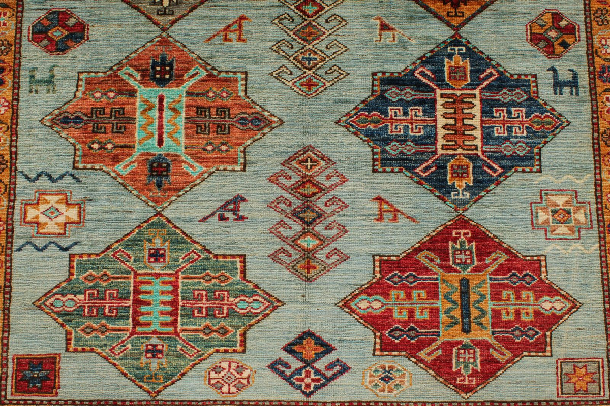 5x6 Blue and Ivory Kazak Tribal Rug