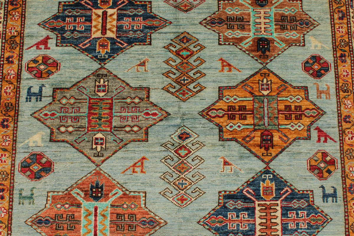 5x6 Blue and Ivory Kazak Tribal Rug
