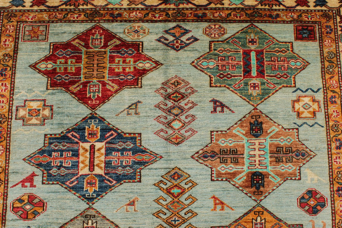 5x6 Blue and Ivory Kazak Tribal Rug