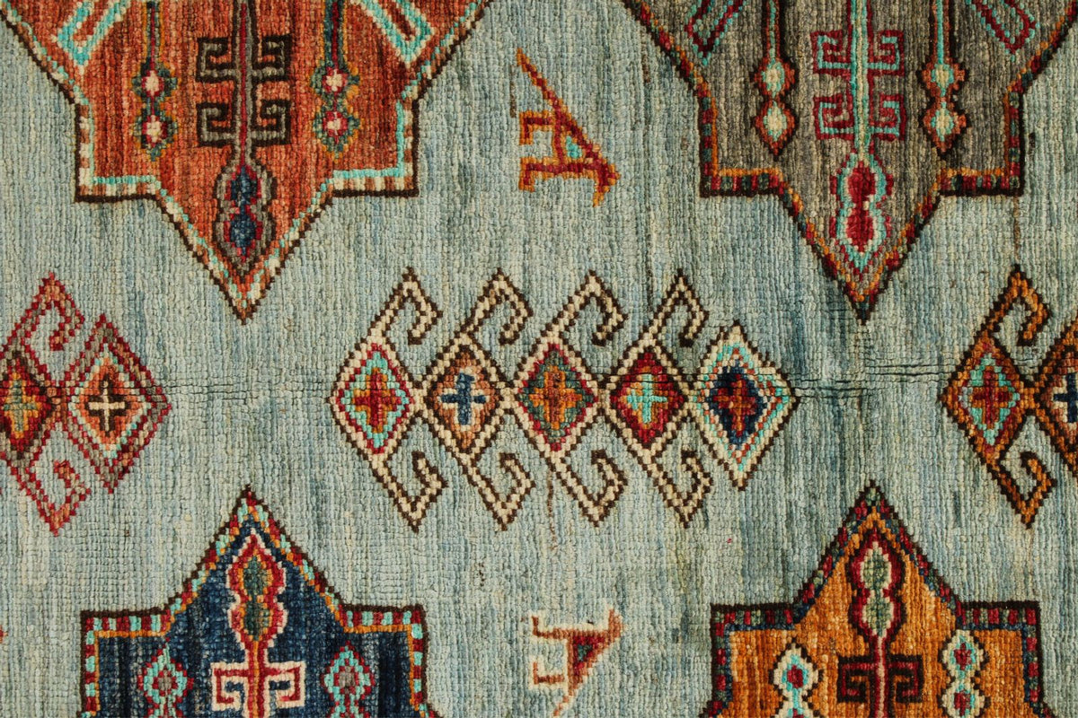 5x6 Blue and Ivory Kazak Tribal Rug