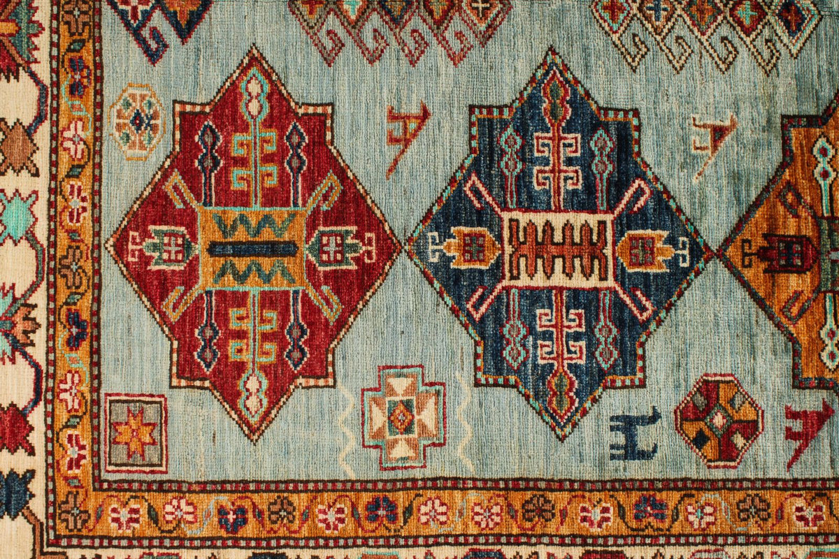 5x6 Blue and Ivory Kazak Tribal Rug