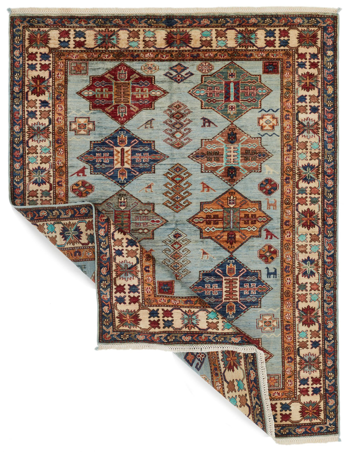 5x6 Blue and Ivory Kazak Tribal Rug