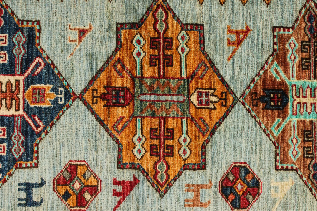 5x6 Blue and Ivory Kazak Tribal Rug