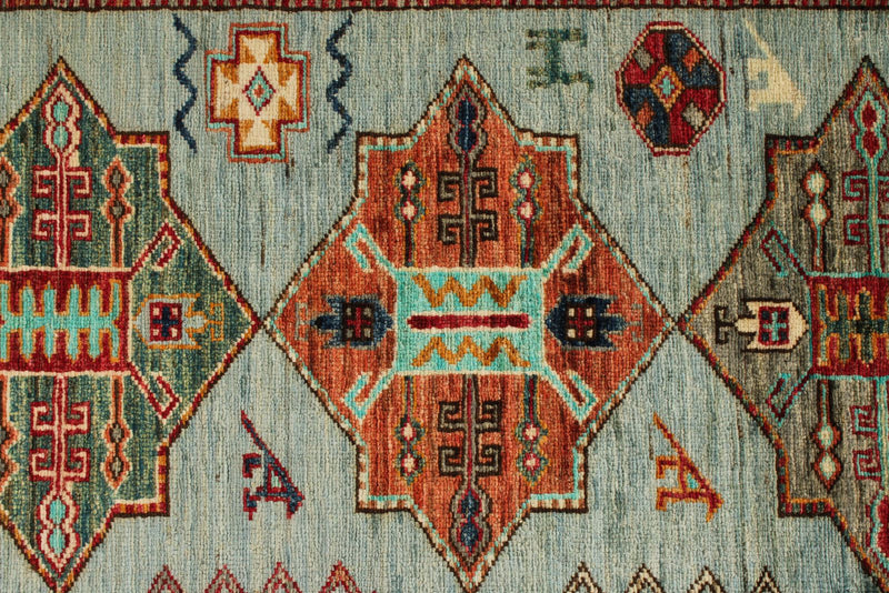5x6 Blue and Ivory Kazak Tribal Rug