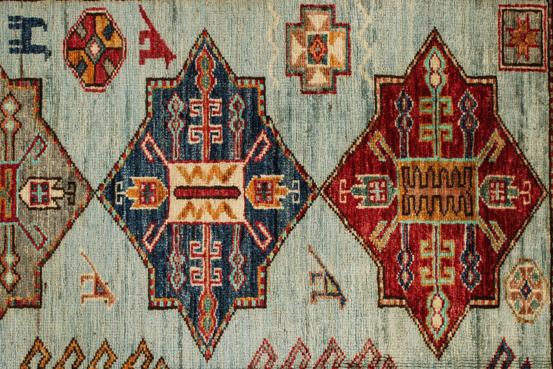 5x6 Blue and Ivory Kazak Tribal Rug
