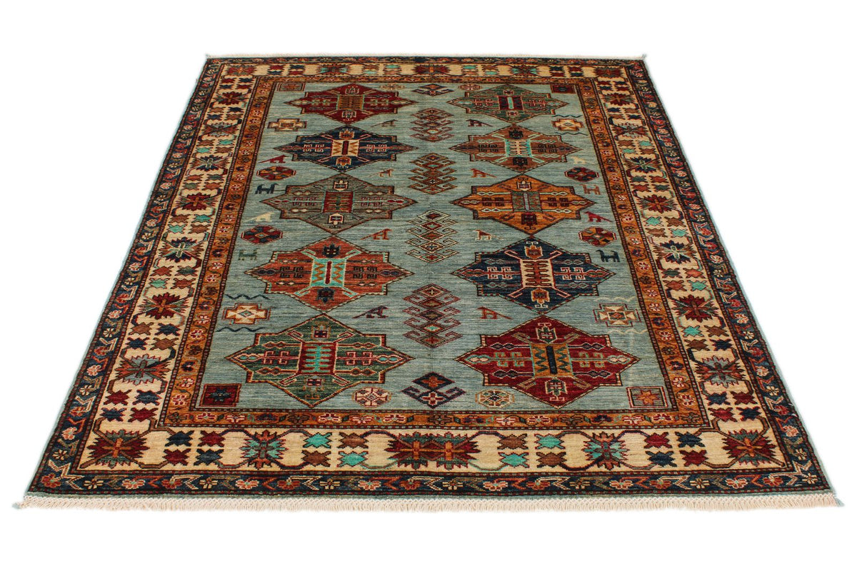 5x6 Blue and Ivory Kazak Tribal Rug