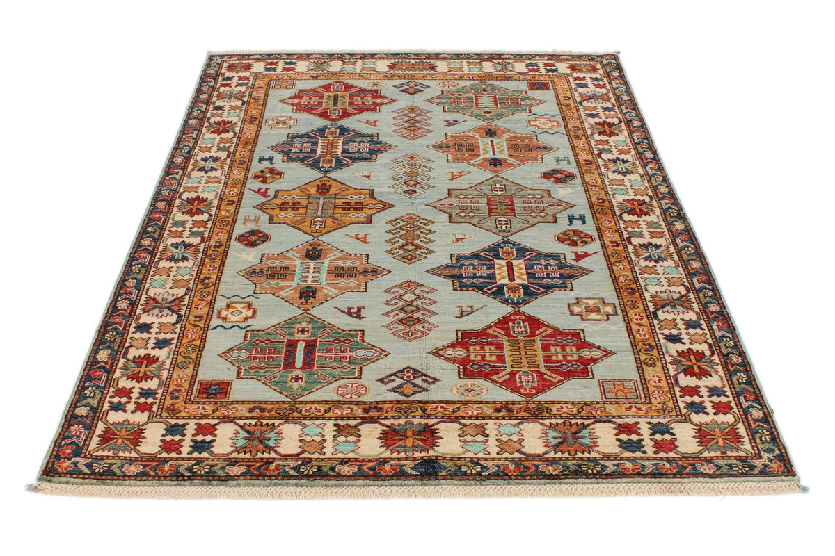 5x6 Blue and Ivory Kazak Tribal Rug