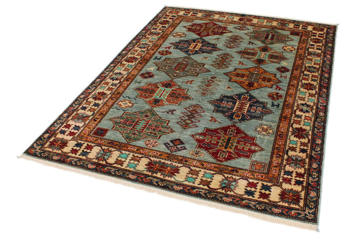 5x6 Blue and Ivory Kazak Tribal Rug