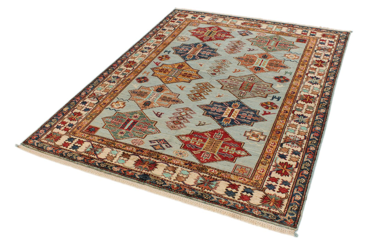 5x6 Blue and Ivory Kazak Tribal Rug
