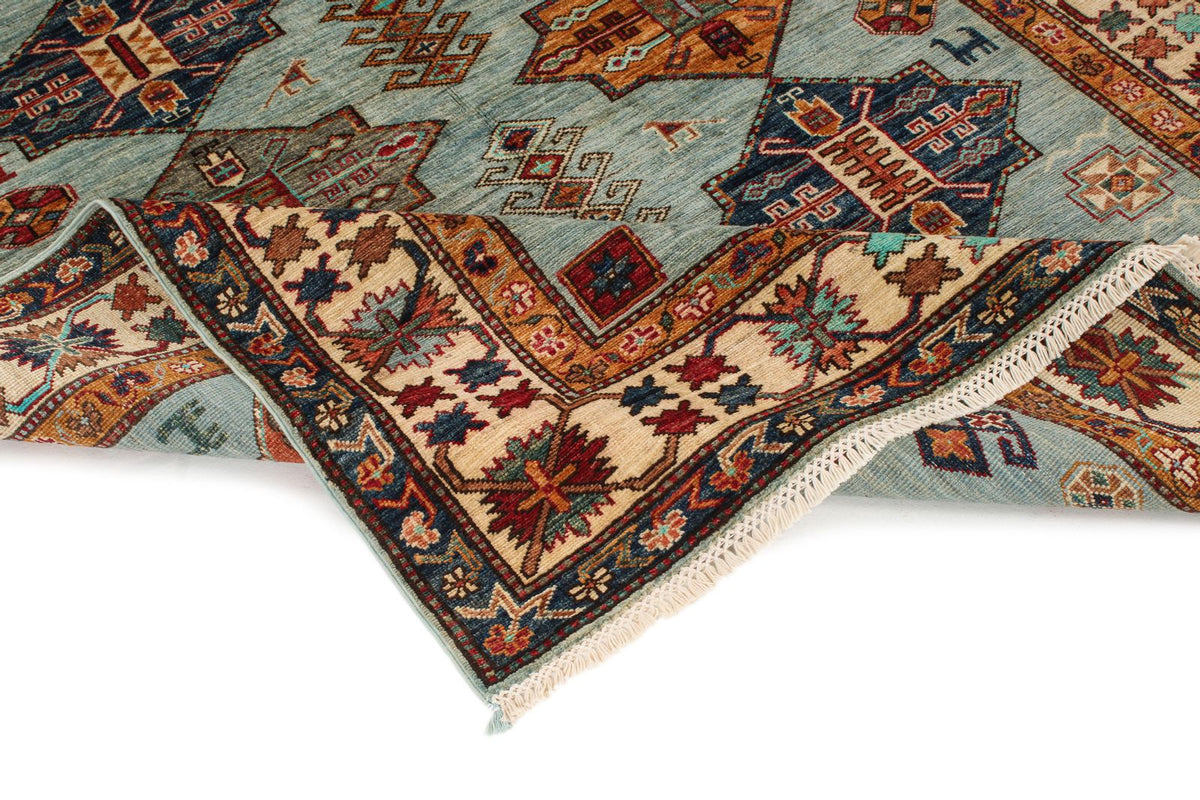 5x6 Blue and Ivory Kazak Tribal Rug