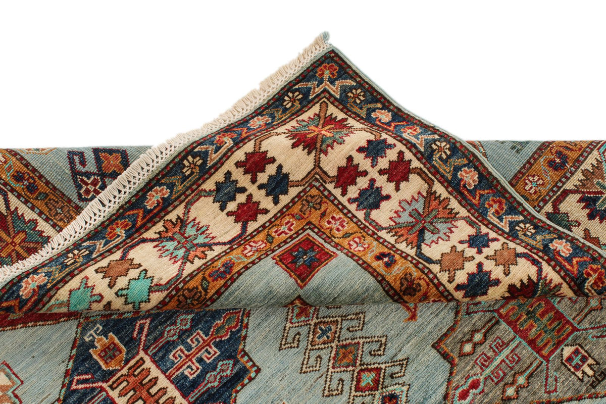 5x6 Blue and Ivory Kazak Tribal Rug