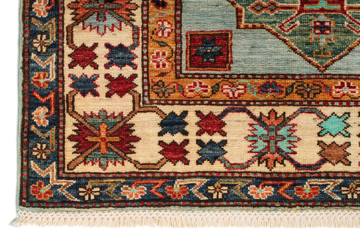 5x6 Blue and Ivory Kazak Tribal Rug